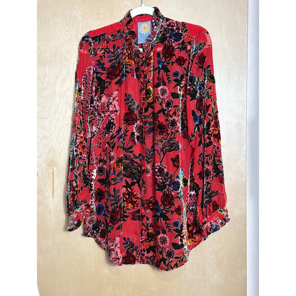 Johnny Was Red Velvet Burnout Floral Leopard Silk Blend Tunic Blouse C23324AO M
